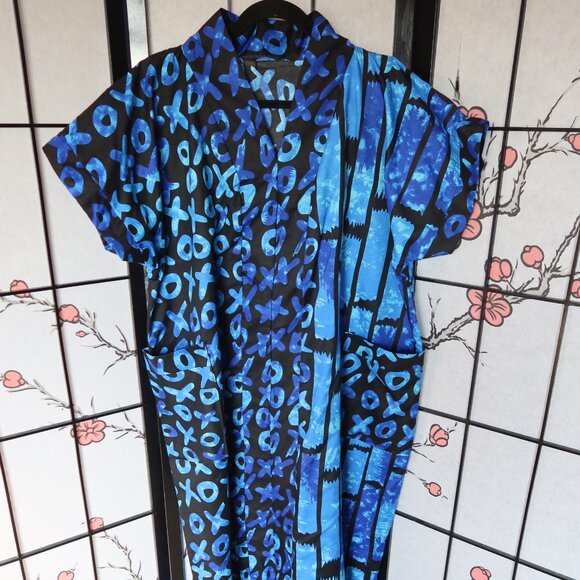 West African Blue and Black Patterned Long Kaftan Bubu Dress w/Pockets NWOT - Picture 1 of 16